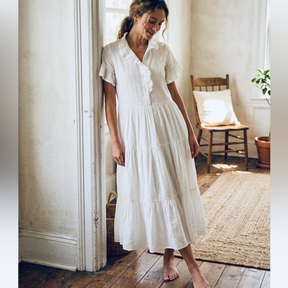 Mille Victoria Tiered Ruffle Maxi Dress XXS Off White Textured 100% Cotton NWOT